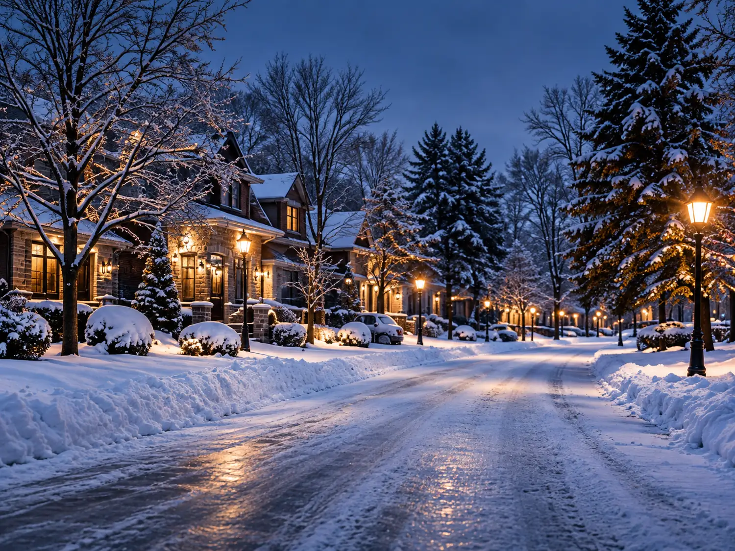 Quiet London, Ontario residential street lined with snow-covered homes and warm street lamps at dusk