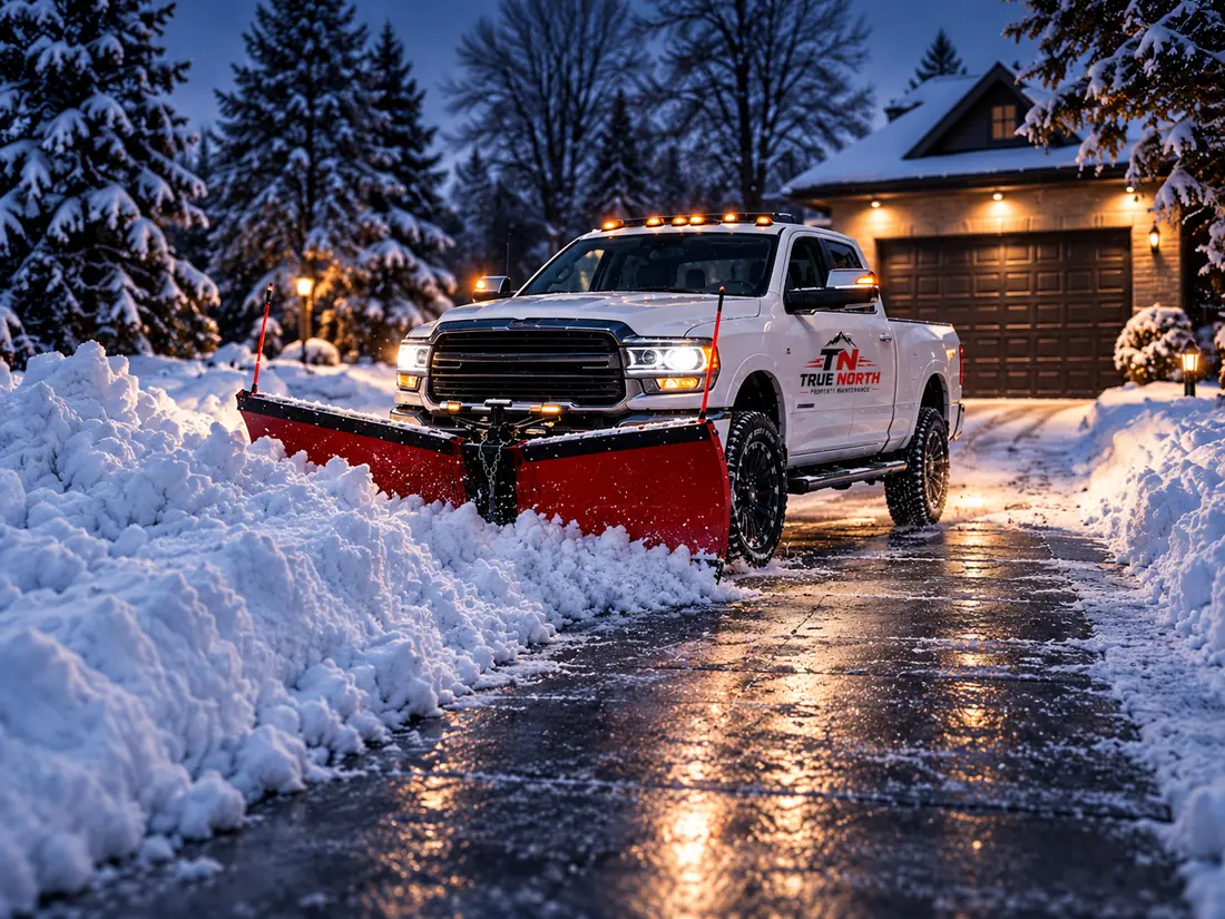 True North plow truck clearing a residential driveway at dusk, snow banked along both sides