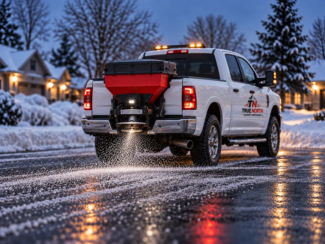 True North truck spreading salt across a wet residential driveway at dusk