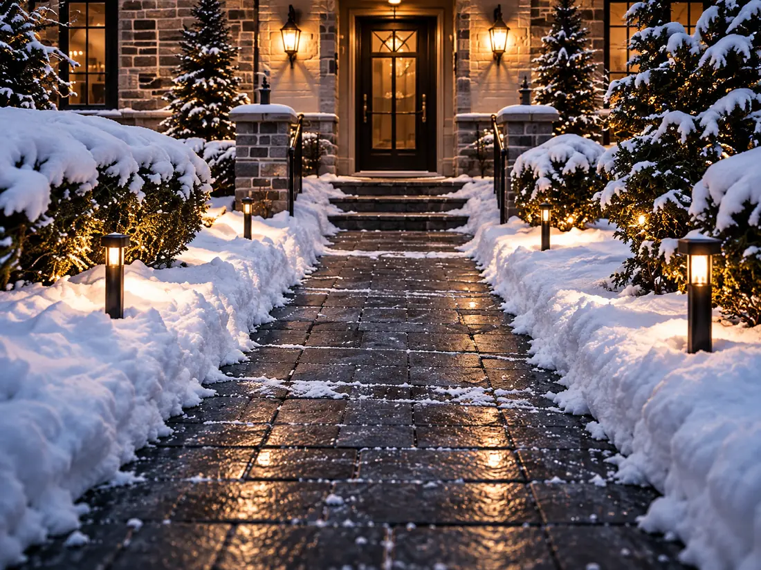 Cleared and salted stone walkway and steps leading to a lit front door in winter