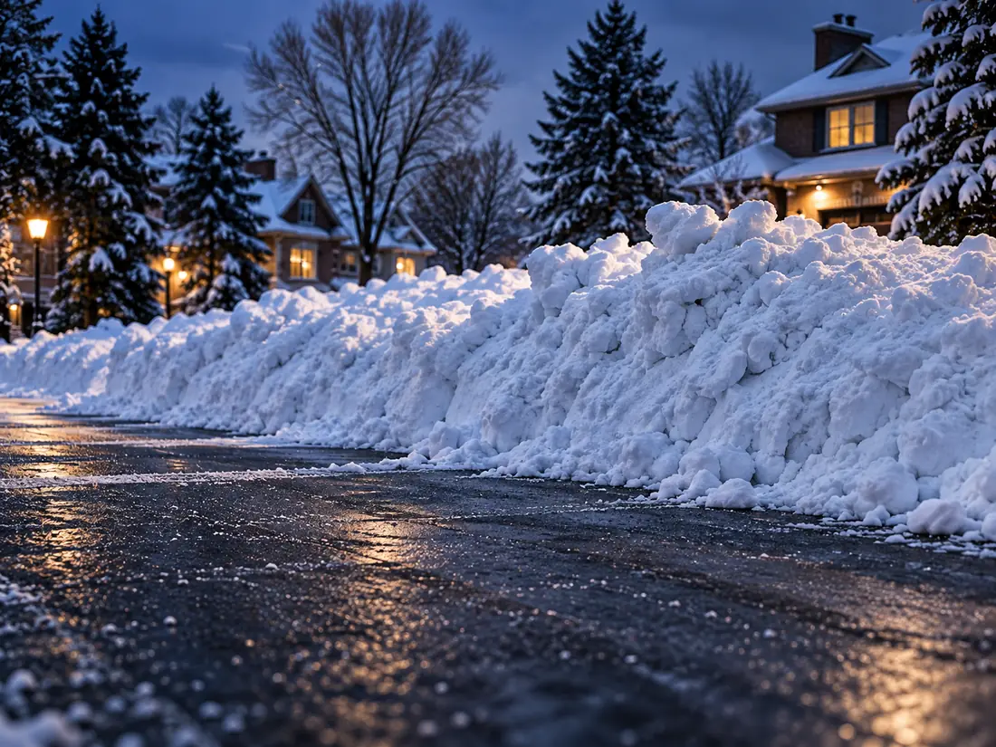 Deep snow banks piled along a cleared residential street after plowing